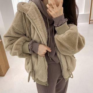 Eco-fur Zip Hoodie Beige - One Size