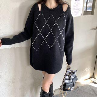 Long-sleeve Striped Cardigan / Long-sleeve Cutout Argyle Sweater