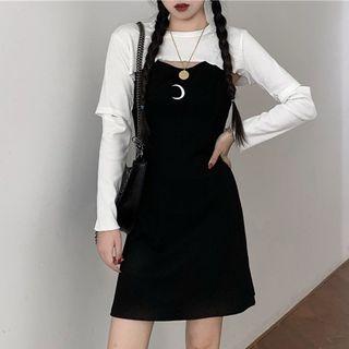 Long-sleeve Cropped Top / Crescent Embroidered Mini A-line Tank Dress