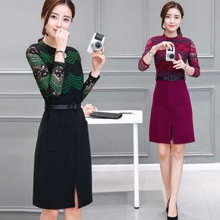 Long-sleeve Lace-panel Slit-front Dress