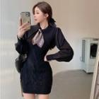 Bubble-sleeve Slim-fit Knit Mini Dress With Silk Scarf