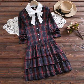 Tie-neck Long-sleeve Plaid A-line Layered Dress