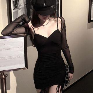 Set: Strappy Sheath Dress + Sheer Top Set - Black - One Size
