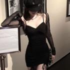 Set: Strappy Sheath Dress + Sheer Top Set - Black - One Size