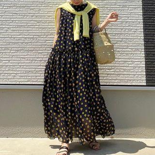 Sleeveless Floral Print Maxi Dress Dark Blue - One Size