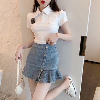 Short-sleeve Cropped Polo Shirt / Denim Mini Pencil Skirt