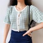 Retro Lattice Knit Puff-sleeve Cropped Top Green - One Size