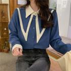 Collared Contrast Trim Corduroy Blouse