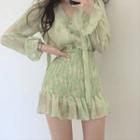 Long-sleeve Floral Chiffon Mini Bodycon Dress Green - One Size