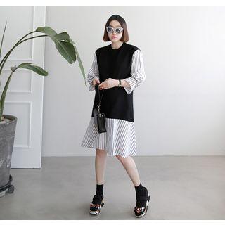 Frill-cuff Striped-panel Pullover Dress