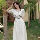 Puff-sleeve Contrast Trim Top / Midi A-line Skirt