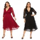 Plus Size 3/4-sleeve Lace A-line Dress