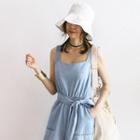 Fringe-hem Smocked-waist Jumpsuit With Sash