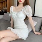 Ruffled Puff-sleeve Mini A-line Dress White - One Size