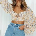 Long-sleeve Square Neck Floral Cropped T-shirt