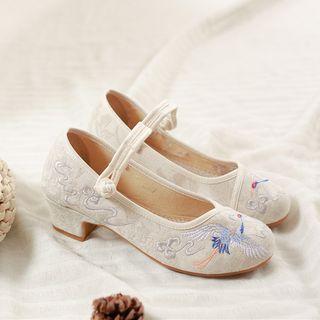 Crane Embroidered Chunky-heel Mary Jane Pumps