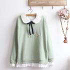 Rabbit Embroidered Pullover/ Bow Accent Long-sleeve Blouse/ Set