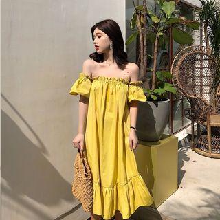 Plain Off-shoulder Midi A-line Dress