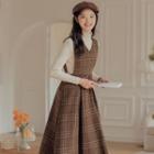 Set: Turtleneck Knit Top + Plaid Midi A-line Overall Dress