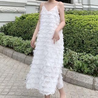 Tie-neck Light Shirt / Fringed Trim Spaghetti Strap Midi Dress