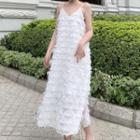 Tie-neck Light Shirt / Fringed Trim Spaghetti Strap Midi Dress