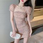 Puff-sleeve Square-neck Floral Print Mesh Slim-fit Dress
