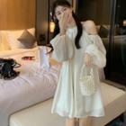 Balloon-sleeve Cold-shoulder Mini A-line Dress White - One Size