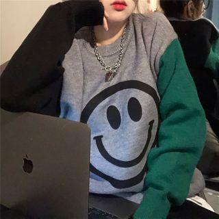 Paneled Smiley Face Sweatshirt