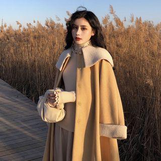 Collared Snap-button Coat / Turtleneck Long-sleeve Knit Top