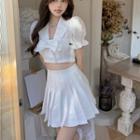 Short-sleeve Bow Accent Crop Shirt / Mini Pleated Skirt / Set