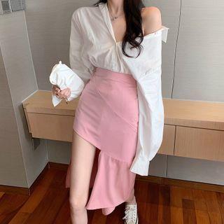 Plain Shirt / Irregular Hem Pencil Skirt