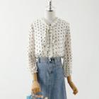 Puff-sleeve Tie-neck Dotted Blouse / Washed Midi A-line Denim Skirt