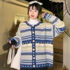 Long-sleeve Color Block Striped Cardigan Blue - One Size