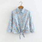 Elbow-sleeve Floral Print Denim Shirt Blue - One Size