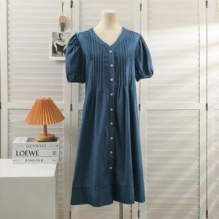 V-neck Puff-sleeve Denim Midi Shirtdress Blue - One Size