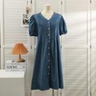 V-neck Puff-sleeve Denim Midi Shirtdress Blue - One Size