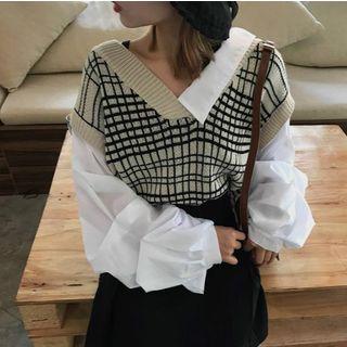 Plaid Panel Mock Two Piece Blouse As Shown In Figure - One Size