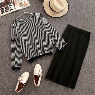 Set: Striped Sweater + Midi Straight-fit Skirt Set - Black - One Size