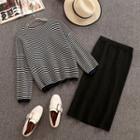 Set: Striped Sweater + Midi Straight-fit Skirt Set - Black - One Size