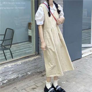 Puff-sleeve Shirt / Midi A-line Overall Dress
