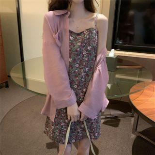 Spaghetti Strap Floral Print Mini Shift Dress / Long-sleeve Sheer Shirt