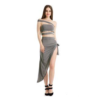Set: One Shoulder Crop Top + Side Slit Midi Pencil Skirt