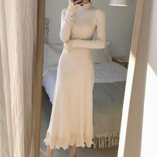 Mesh Trim Midi A-line Knit Dress