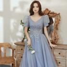 Puff-sleeve Mesh A-line Evening Gown / Nipple Cover / Set
