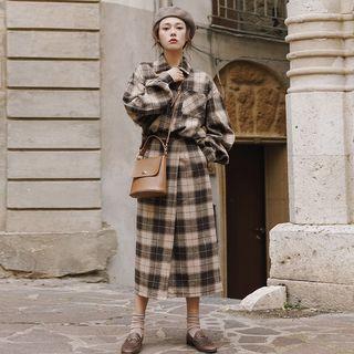 Set: Plaid Shirt + Plaid Straight Fit Midi Skirt