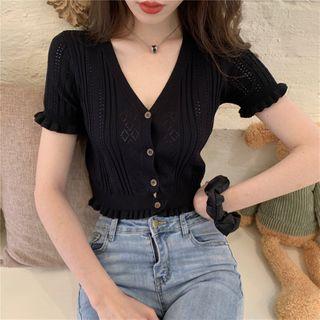 Short-sleeve Lettuce Edge Cropped Knit Cardigan