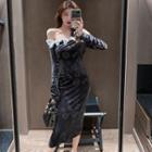 Long-sleeve Off-shoulder Velvet Midi Sheath Dress