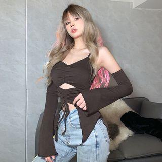Set: Cutout Drawstring Irregular Camisole Top + Arm Sleeves