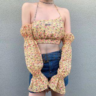 Asymmetrical Cold-shoulder Floral Print Blouse
