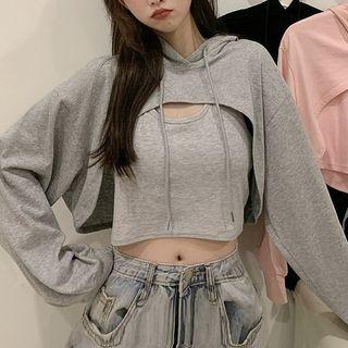 Set: Long-sleeve Hooded Cropped T-shirt + Crop Tank Top